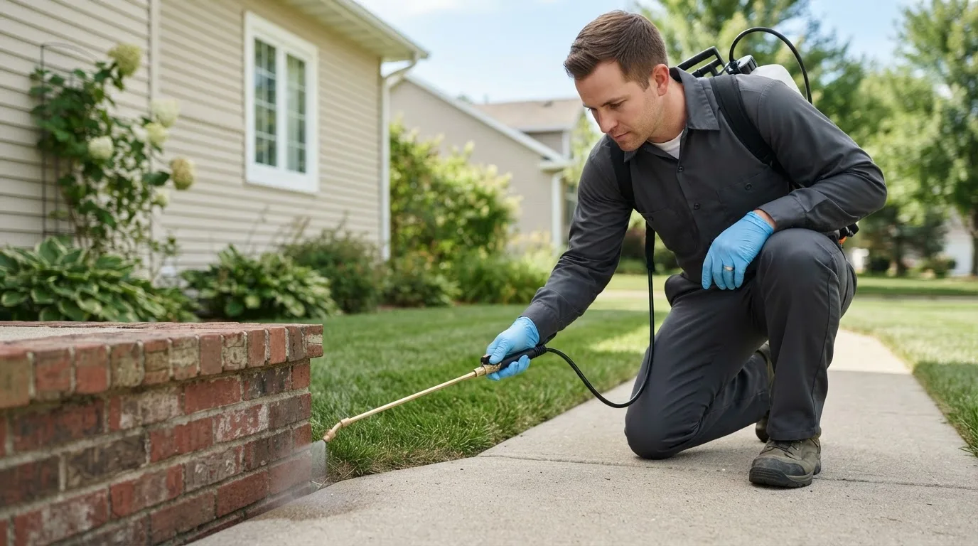 Pest control technician treating a home near West Nottingham, NH